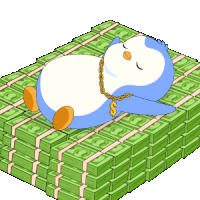 a penguin wearing a gold chain is laying on a stack of money