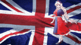 a girl stands in front of a british flag