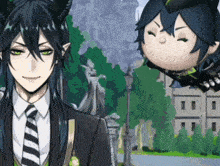 a man in a suit and tie is standing next to a stuffed animal