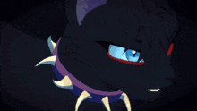 a black cat with blue eyes wearing a purple collar