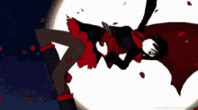 a cartoon character is flying through the air while wearing a red cape and a black skirt .
