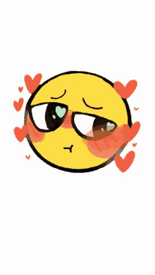 a drawing of a yellow smiley face with red hearts around it