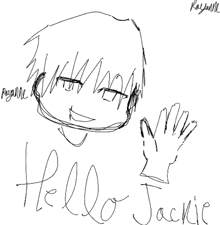 a black and white drawing of a person with the words hello jackie below it