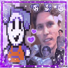 a pixel art of a man surrounded by purple hearts and a cartoon character