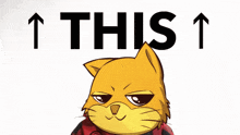 a cartoon cat is pointing up with the words " this " behind him