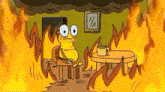a cartoon character is sitting at a table in a room with flames coming out of the ceiling .