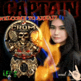 a woman is standing in front of a captain crom logo
