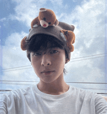 a young man wearing a hat with a teddy bear on top of it