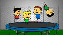 a group of cartoon characters are jumping on a trampoline and one has the number 23 on his jersey