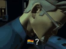 a man with a rainbow flag and a question mark on his face