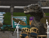 a dinosaur is standing in front of a purple sign that says 10a