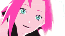 a close up of a pink haired anime girl with green eyes .