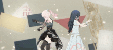 two anime girls are standing next to each other on a stage with petals falling around them