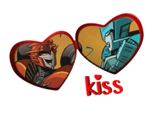 two red hearts with a picture of a robot and the word kiss
