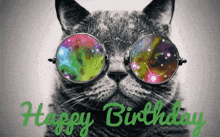 a cat wearing sunglasses and the words happy birthday