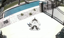 a drawing of a person standing in front of a fence and pool