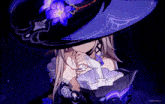 a girl with a purple flower on her hat is wearing a black dress