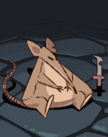 a cartoon drawing of a rat with a hammer and a knife next to it