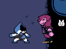 a pixel art drawing of a man and a woman giving each other high fives