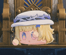 a cartoon character with blonde hair and a white hat is sitting on a chair