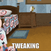a cartoon of a bedroom with the word tweaking in white letters