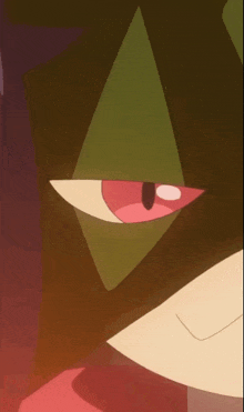 a close up of a cartoon character 's eye with a green triangle in the middle .