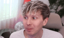 a man is sitting in a chair making a funny face .