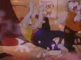 a cartoon scene with a poster that says welcome on it