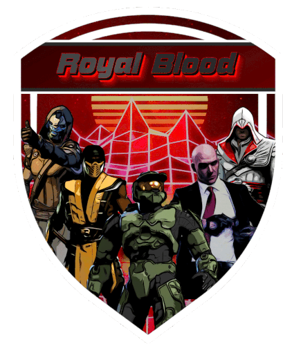 a group of video game characters are standing in front of a red sign that says royal blood