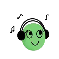 a green smiley face wearing headphones with music notes coming out of it .