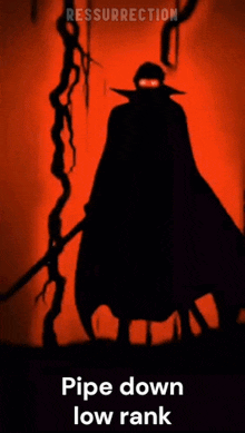 a red curtain with the words pipe down low rank