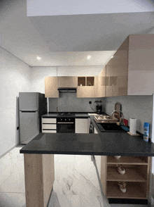 a kitchen with a stainless steel refrigerator and a spray bottle of windex