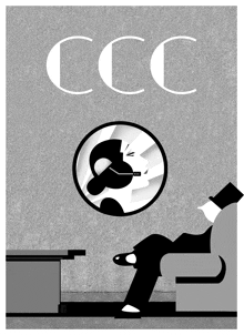 a black and white poster for ccc with a woman smoking a cigarette in a circle