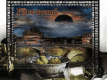 a picture of a city with the words fijne avond written above it