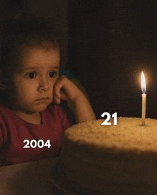 a little girl is looking at a cake with a lit candle and the year 2004