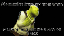 shrek is running from his mom when mr. bergner gives him a percentage on a test