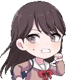a pixel art of a girl with long brown hair and a red bow tie .