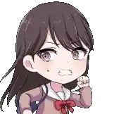 a pixel art of a girl with long brown hair and a red bow tie .