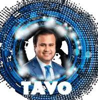 a man in a suit and tie is surrounded by a blue circle with the word tavo on it