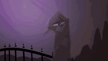 a cartoon cat is standing in front of a bridge and crying .