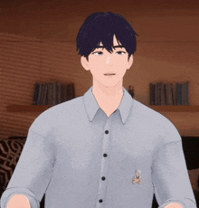 a 3d model of a man wearing a blue shirt with a teddy bear embroidered on it