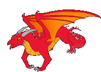 a drawing of a red dragon with orange wings and horns