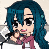 a girl with blue hair is singing into a microphone while holding a book