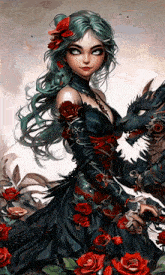 a painting of a woman holding a dragon and roses