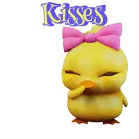 a yellow chick with a pink bow and the words kisses behind it