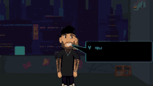 a pixel art of a man with a speech bubble that says y que en todo el vuelo yo te pense