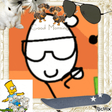 a picture of bart simpson riding a skateboard with the words good morning written above him