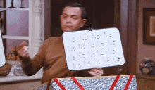 a man is holding a white board that says no no no no
