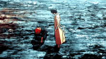 a man in a white coat is kneeling down next to another man in a black shirt