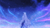 a girl with long white hair is standing in front of a blue and purple sky
